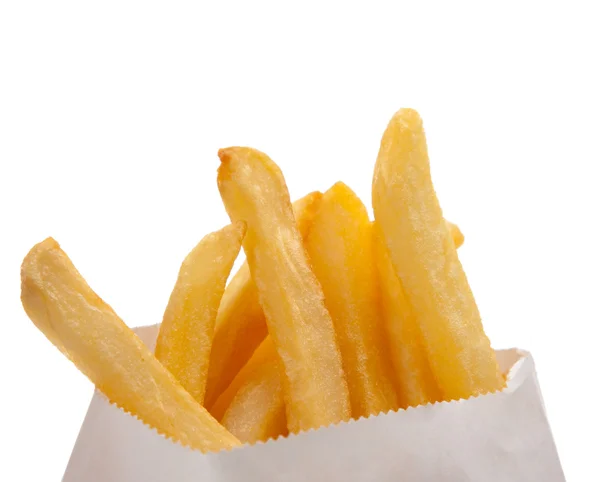 Golden fries in a white bag — Stock Photo, Image