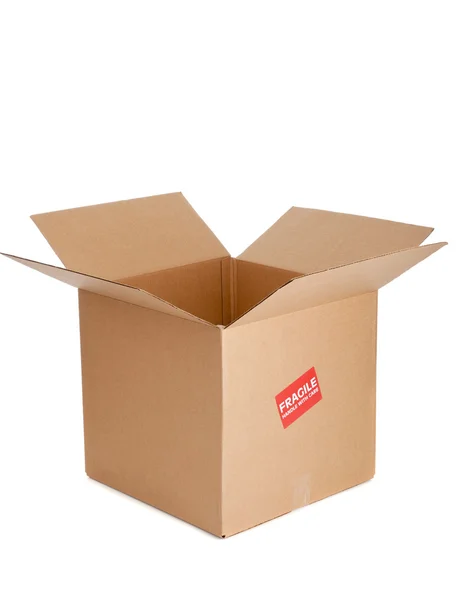 A cardboard box with fragile sticker on white — Stock Photo, Image