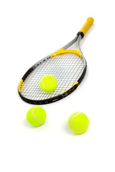 Tennis racket and balls on white — Stock Photo, Image