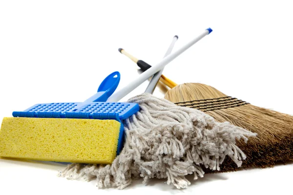 Sponge mop, broom and string mop on white — Stock Photo, Image