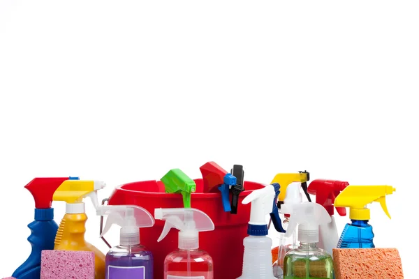 Various cleaning supplies on a white background — Stock Photo, Image