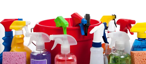 Cleaning supplies in a red bucket on white — Stock Photo, Image