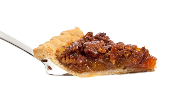 En bit av pecan paj på vit — Stockfoto