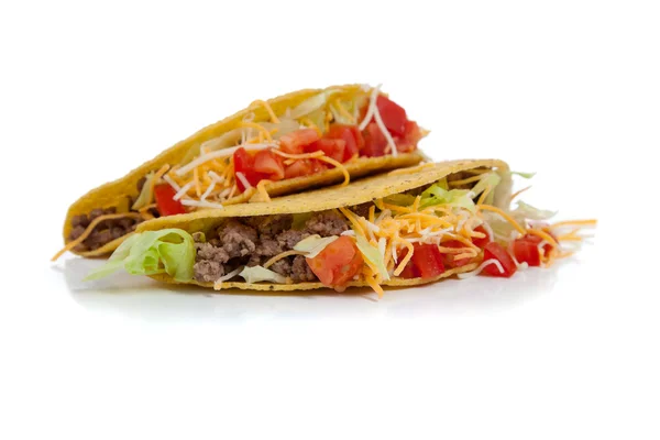 Two beef tacos on white with copy space — Stock Photo, Image