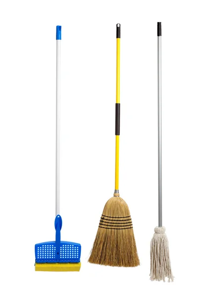 Sponge and string mop and broom on white — Stock Photo, Image