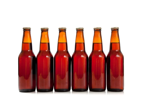 Botellas de cerveza marrón sobre fondo blanco con espacio para copiar — Foto de Stock