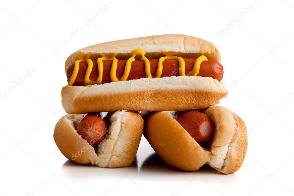 Hot dogs with mustard on a white background