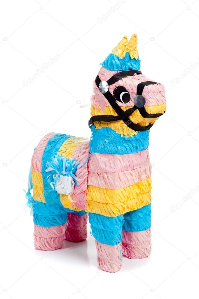 Pink, blue and yellow burro pinata on white