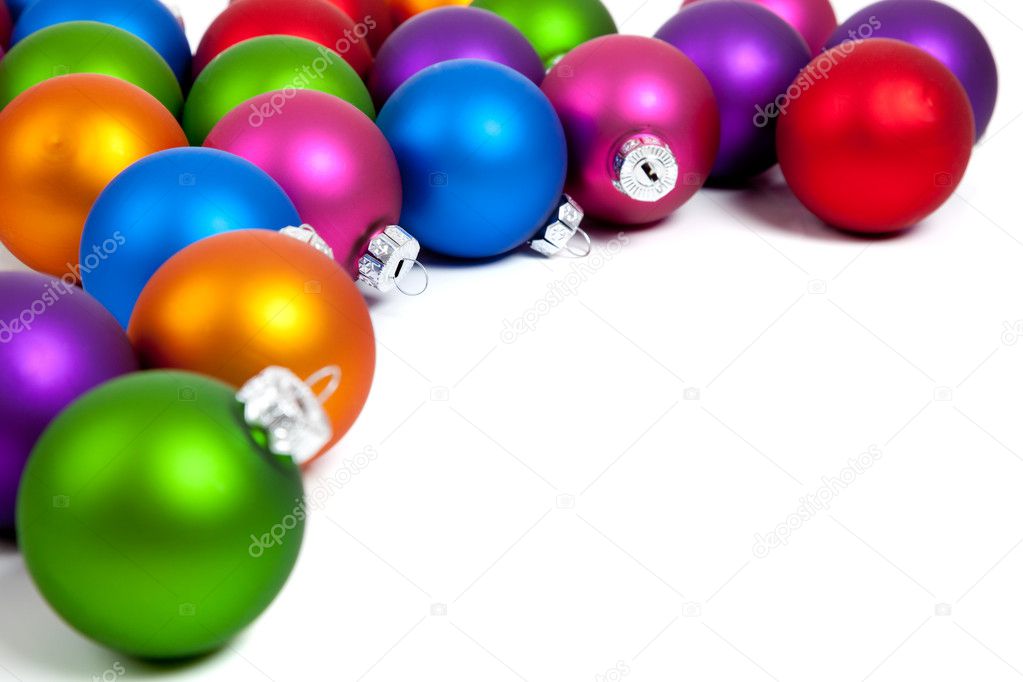 Christmas balls, bauble on white with copy space