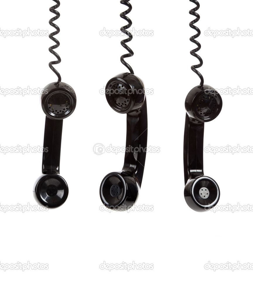 A black telephone receiver on a white background with copy space