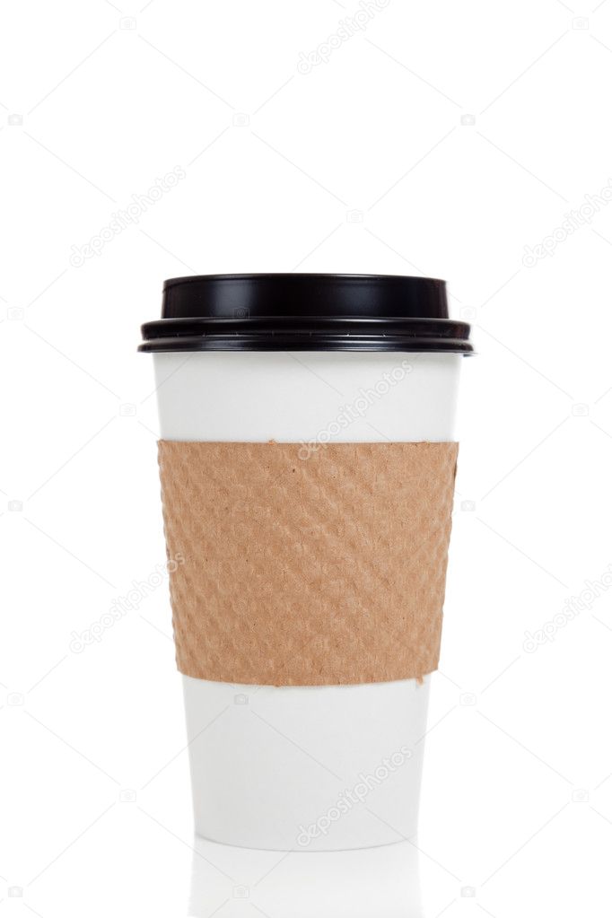 Row of paper coffee cups on white
