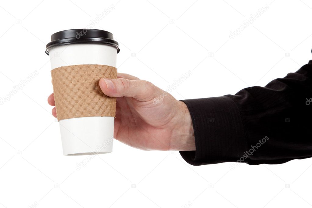 Man holding a paper coffee cup on white