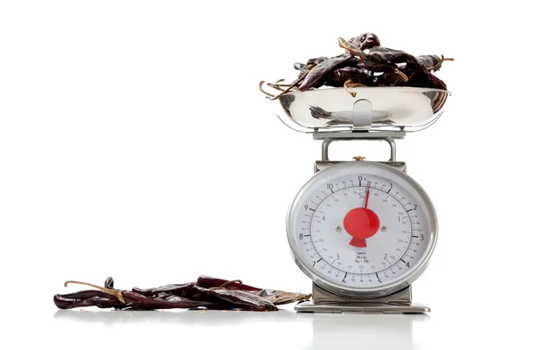 Ancho peppers on a food scale on white with copy space — Stock Photo, Image