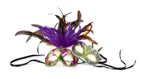 Mardi gras masks on white with copy space — Stock Photo, Image