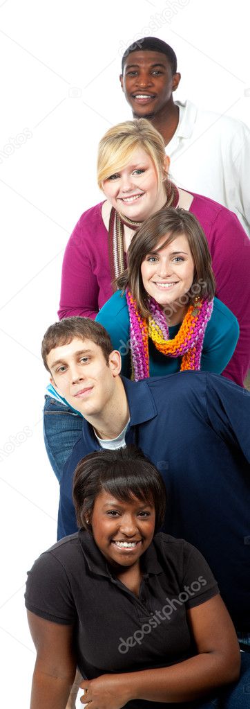 Multi-racial college students on a white background