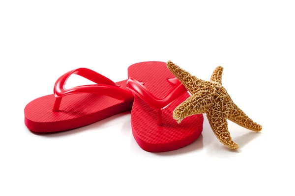 Colored flipflops and starfish on a white background — Stock Photo, Image