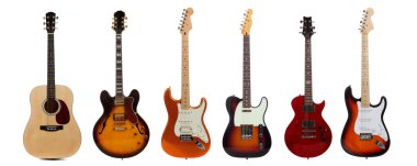 Group of six guitars on white background