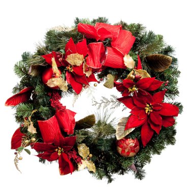 Kırmızı ve beyaz zemin üzerine altın ile Noel çelenk