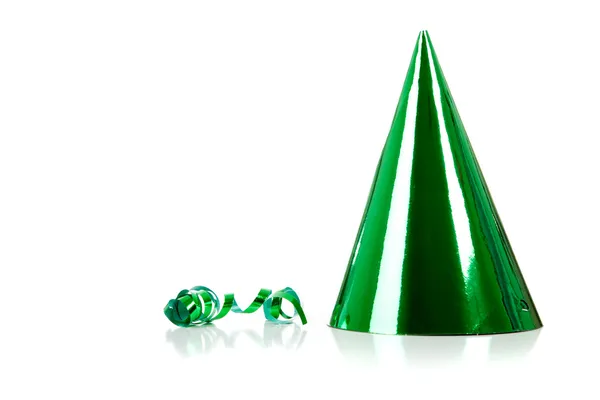 A green party hat and streamer on white — Stock Photo, Image