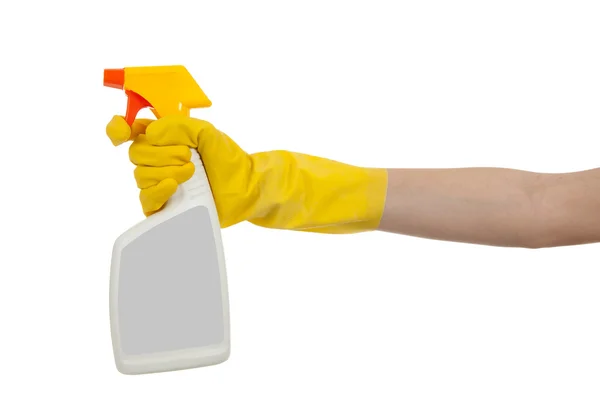 Gloved hand with spray bottle with copy space — Stock Photo, Image