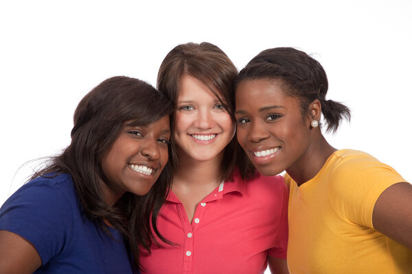 Group of beautiful young ladies on white background