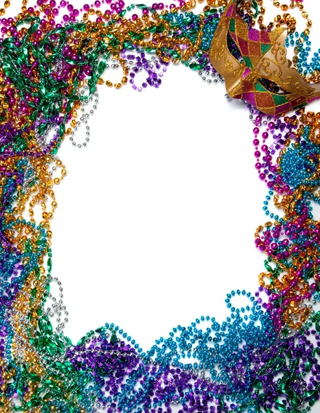 Border made of mardi gras bead and mask on white — Stock Photo, Image