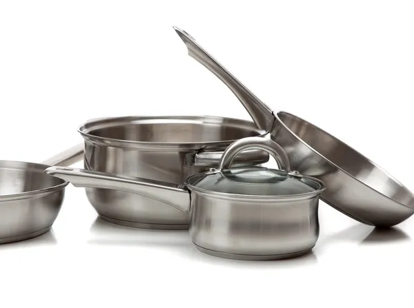 Stainless steel pots and pans — Stock Photo, Image