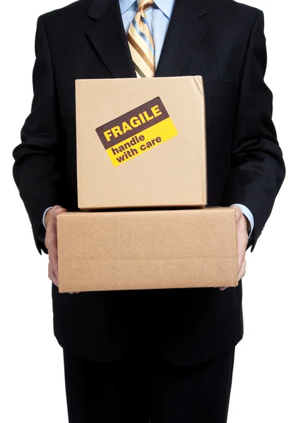 Busines man holding box with copy space — Stock Photo, Image