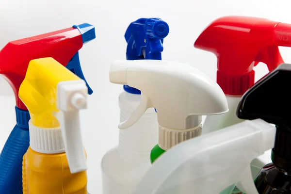 Assorted cleaning spray bottles — Stock Photo, Image