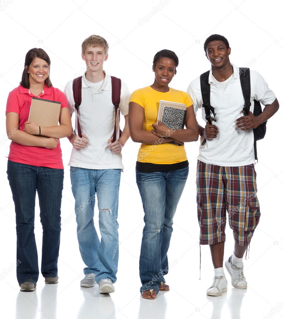A group of multicultural college students, friends
