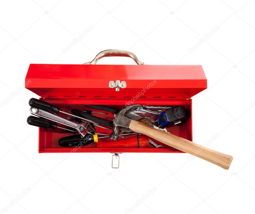 Red metal tool box with tools on white