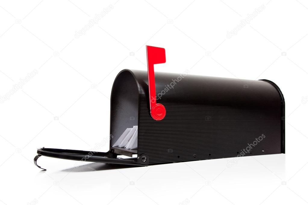 An open black mailbox with letters on white