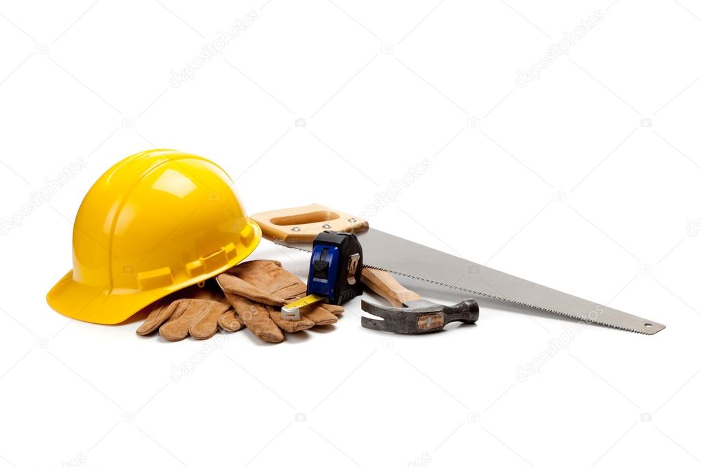 Construction worker supplies on white