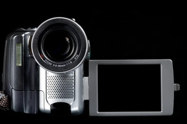 Closeup of video camera on black with blank screen — Stock Photo, Image