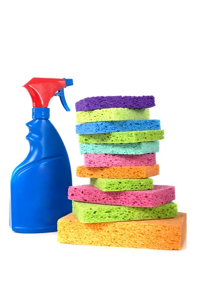 Spray fles en sponzen — Stockfoto