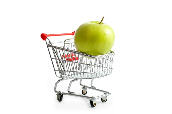 Green Apple in SHopping Cart on White — Stock Photo, Image