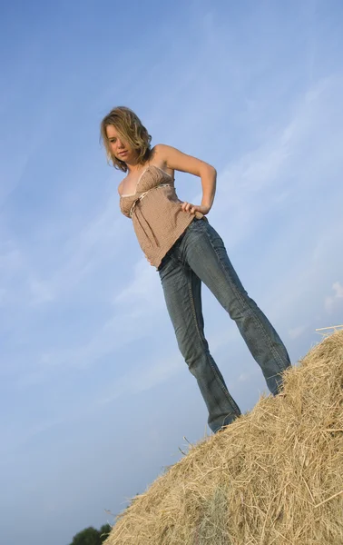 Pretty Girl Standing on bale of hay — Stock Photo, Image