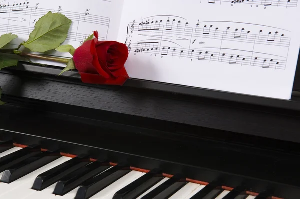 Листовая музыка с розой на пианино — стоковое фото