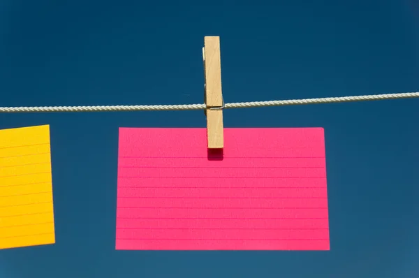 Cartão de índice rosa em branco em um varal — Fotografia de Stock