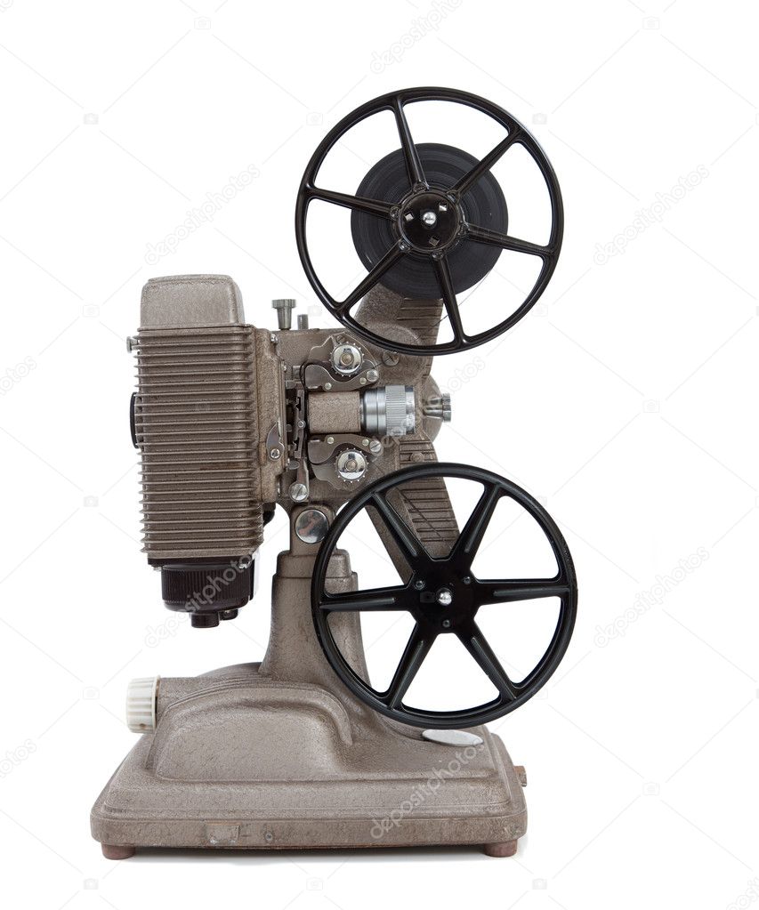 An antique 8mm movie projector on a white background