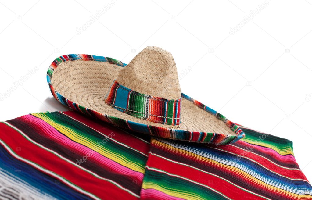 Mexican Serape and a sombrero on a white background
