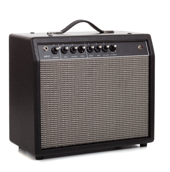 A black amp on a white background