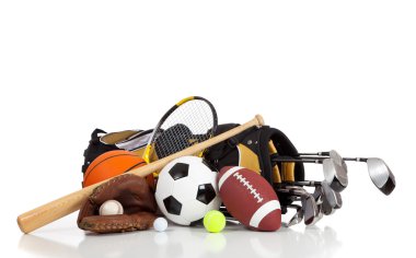 Assorted sports equipment on a white background clipart