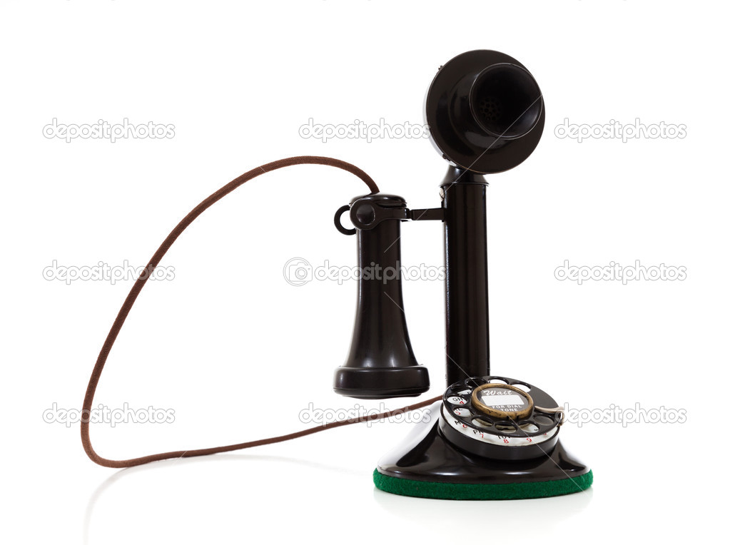 A black candlestick phone on a white background