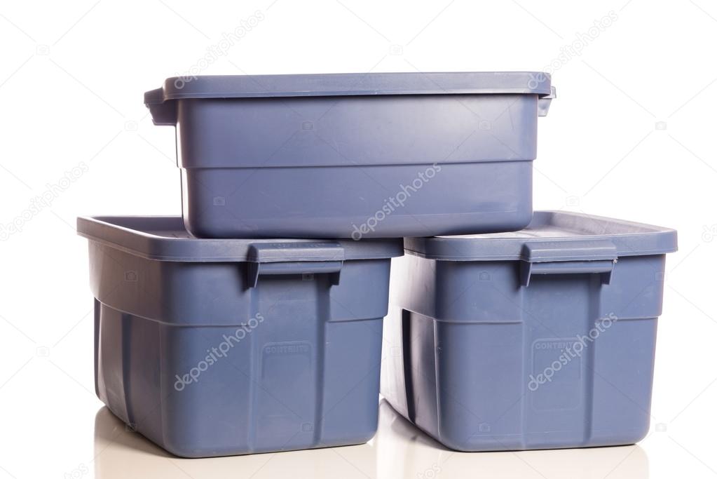 Stack of three blue storage tubs