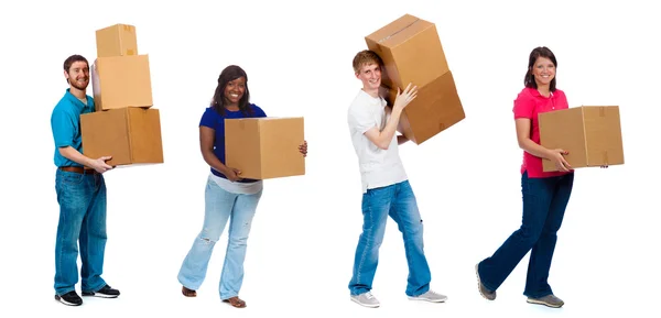 College students or friends moving boxes — Stock Photo, Image