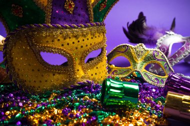 Muhtelif mardi gras veya mor zemin carnivale maskesi