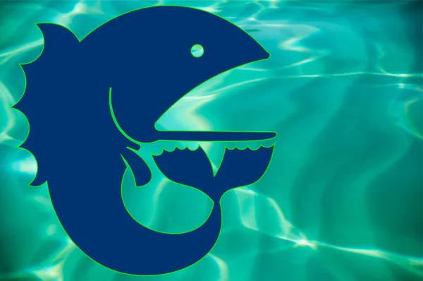 Yüzgeçli balık logosu ve deniz suyunun arka planına karşı ağız açık. — Stok fotoğraf