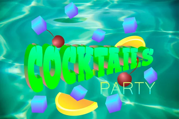 Иллюстрация коктейльной вечеринки из трехмерных элементов и текста на фоне морской воды — стоковое фото