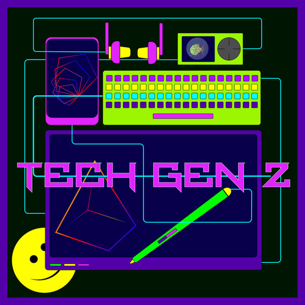 Illustration of a set of hi-tech devices for generation z on a dark background — Stock Illustration Illustration of a set of hi-tech devices for generation z on a dark background — Stock Vector